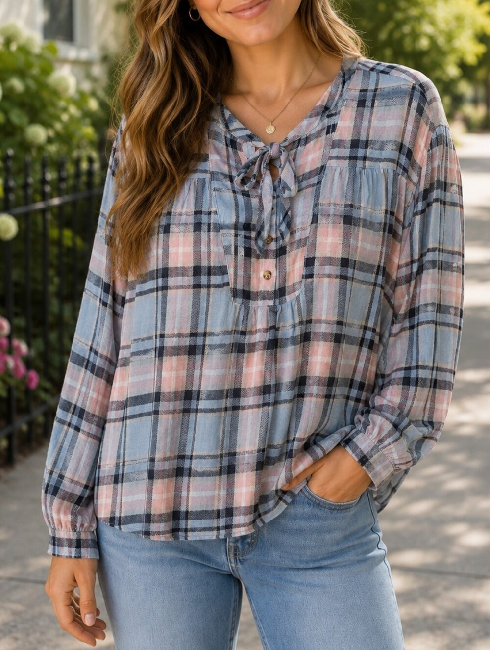 NWT FDJ Blue Pink Plaid Tie-Neck Boho Blouse Oversized Rayon Cottagecore Peasant